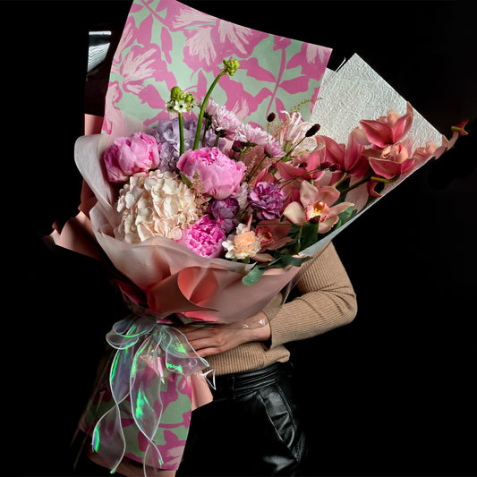 Spring Radiance – Peony & Cymbidium Orchid Celebration Bouquet