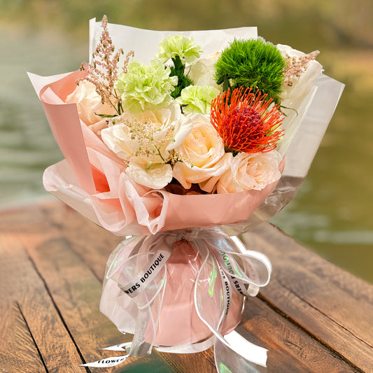 Morning Glow of Love – Soft Pink Rose & Red Protea Bouquet