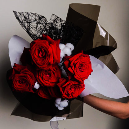 Crimson in the Dark – Red Rose & Cotton Stem Bouquet