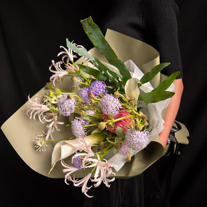 Poetry of Dawn – Princess Protea & Pastel Lily Art Bouquet