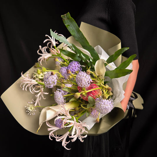 Poetry of Dawn – Princess Protea & Pastel Lily Art Bouquet