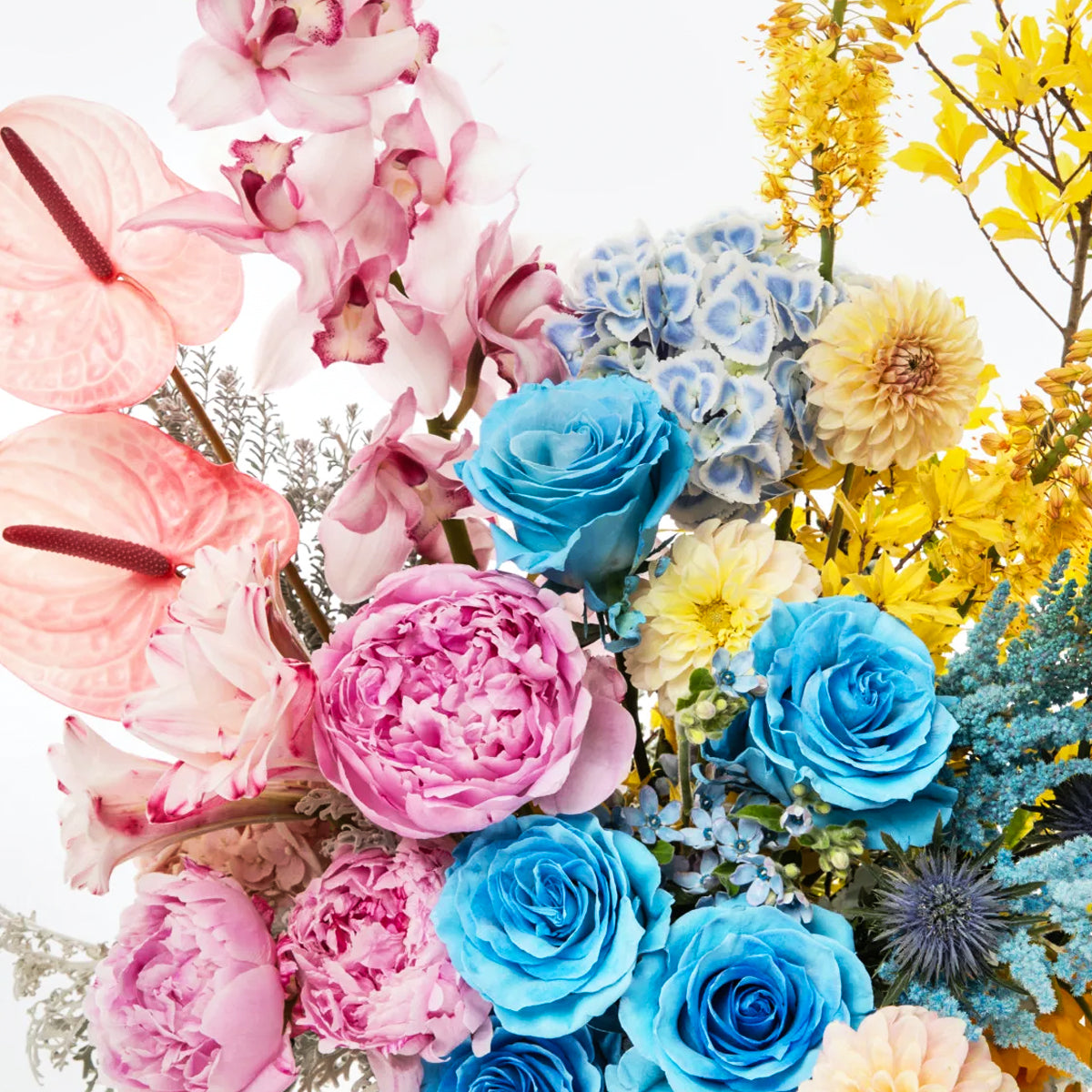 Aurora Bloom Symphony – Blue Roses, Peonies & Orchids in Silver Hug Bucket
