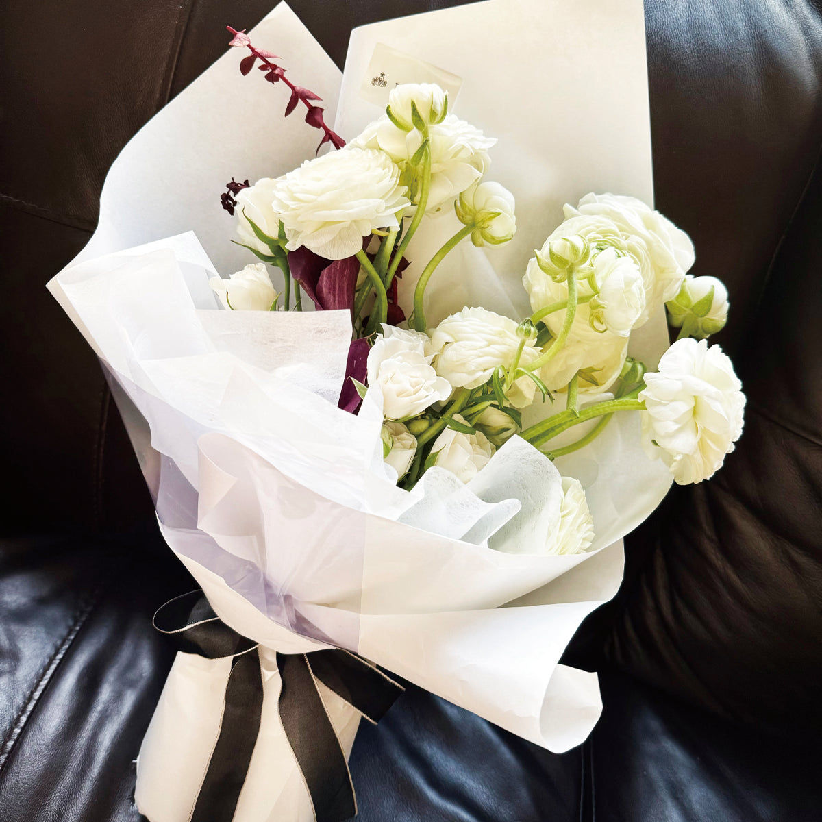 Moonlit Serenade – White Ranunculus & Rose Hand-tied Bouquet
