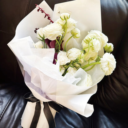 Moonlit Serenade – White Ranunculus & Rose Hand-tied Bouquet