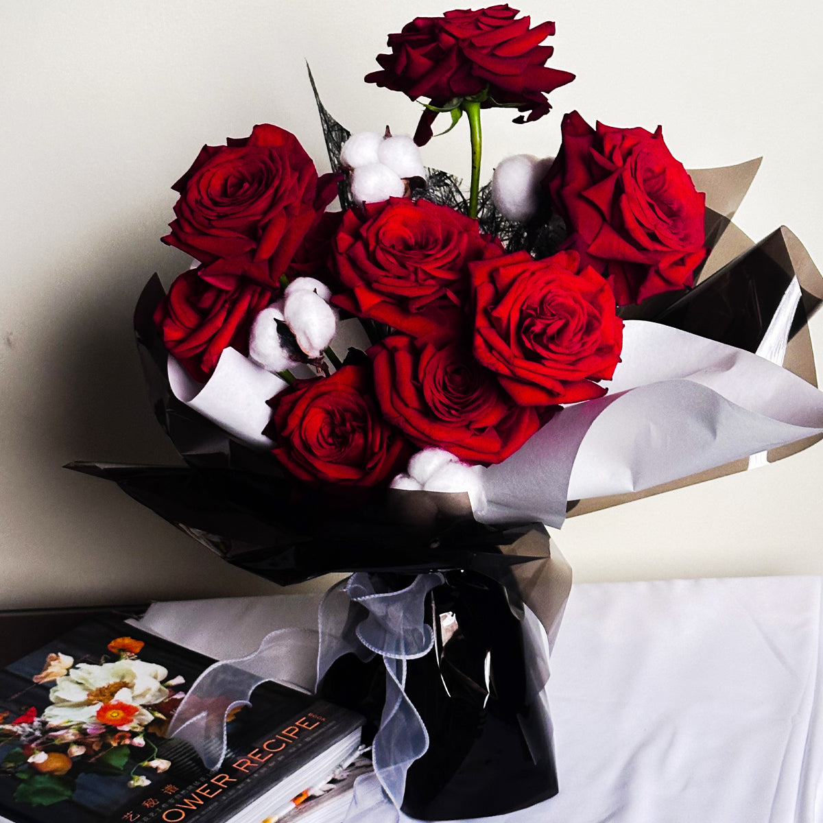 Crimson in the Dark – Red Rose & Cotton Stem Bouquet
