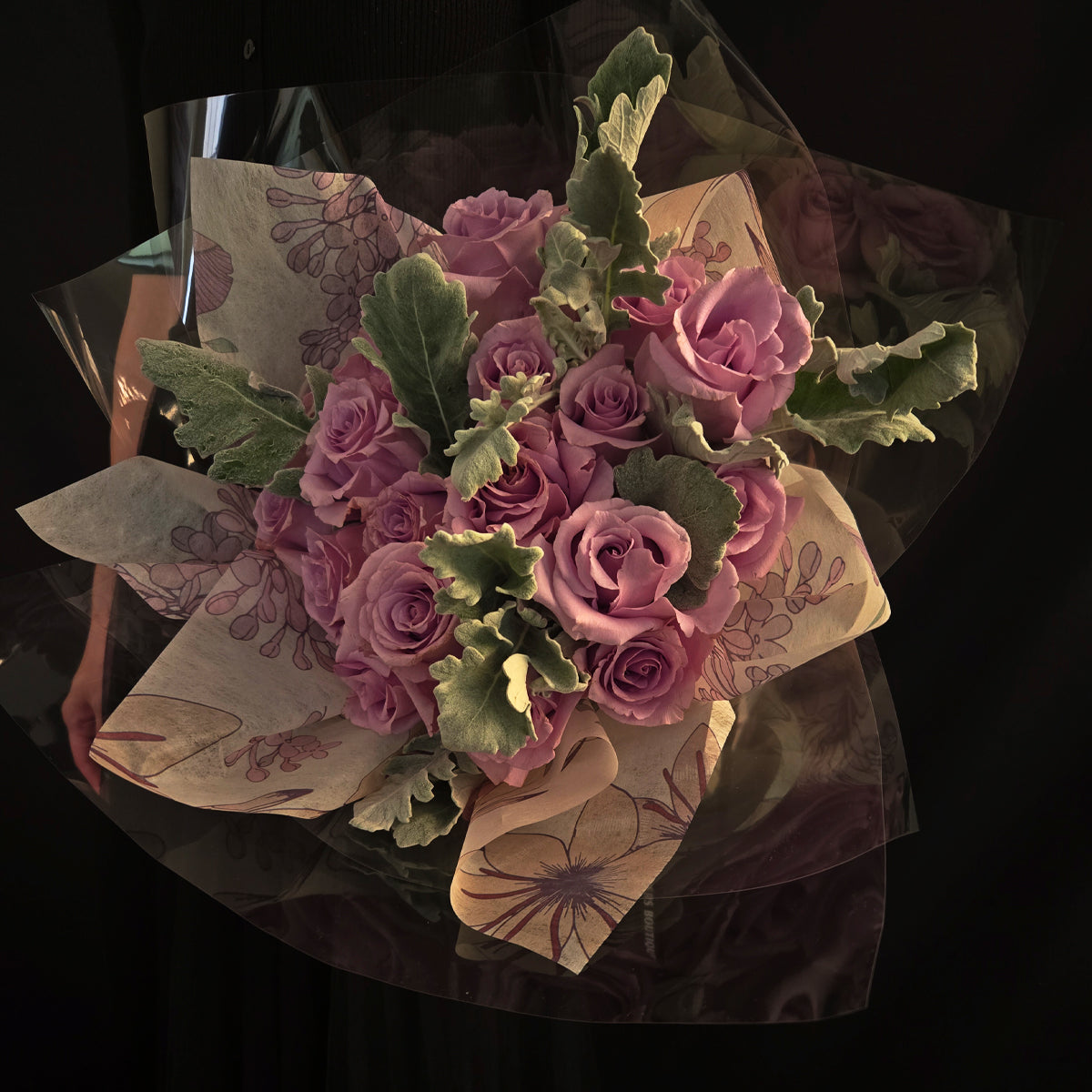 Lavender Dream Whisper – Light Purple Rose & Dusty Miller Bouquet