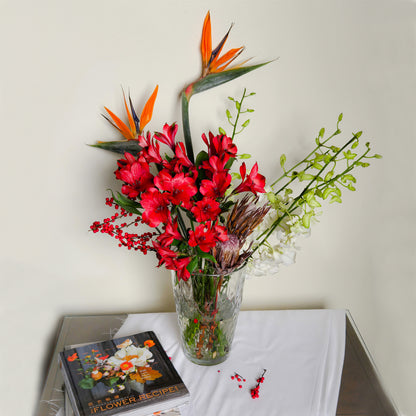 Realm of Passion – Red Lily, Bird of Paradise & Orchid Vase Arrangement