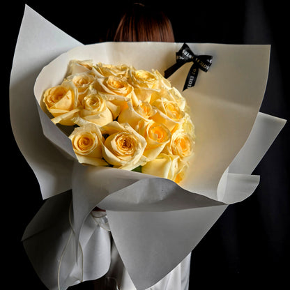 Timeless Elegance Bouquet – Cream Roses & White Wrapping with Black Ribbon