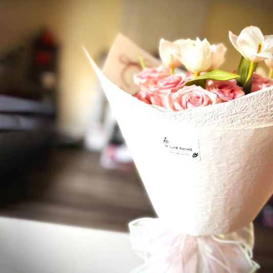 Pure White Melody – Pink Rose & White Tulip Bouquet