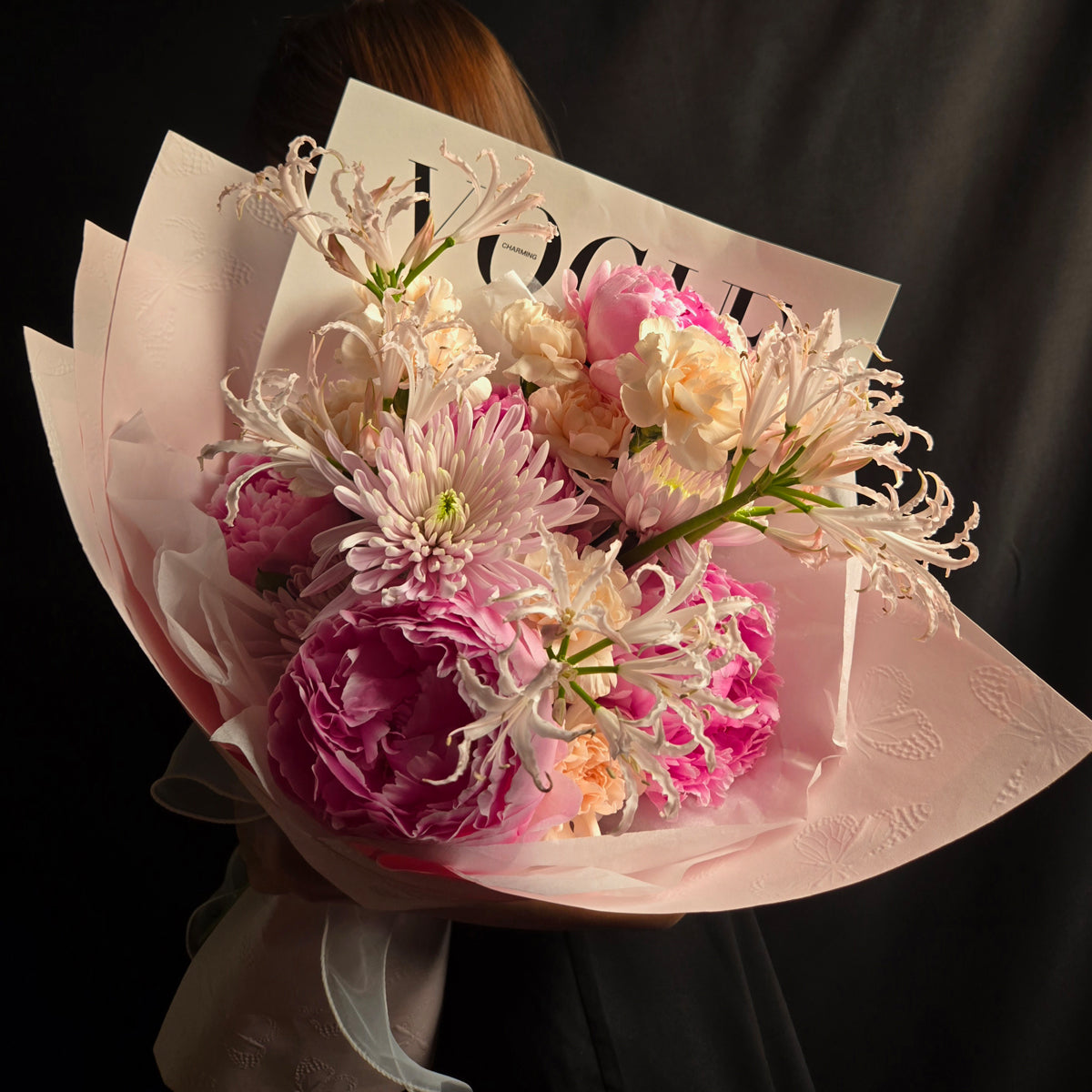 Blush Serenade – Pink Peonies, Carnations & Spider Lilies Bouquet