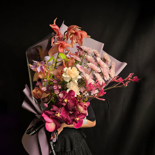 Crimson Elegance – Speckled Orchid & Lavender Bouquet