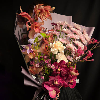 Crimson Elegance – Speckled Orchid & Lavender Bouquet