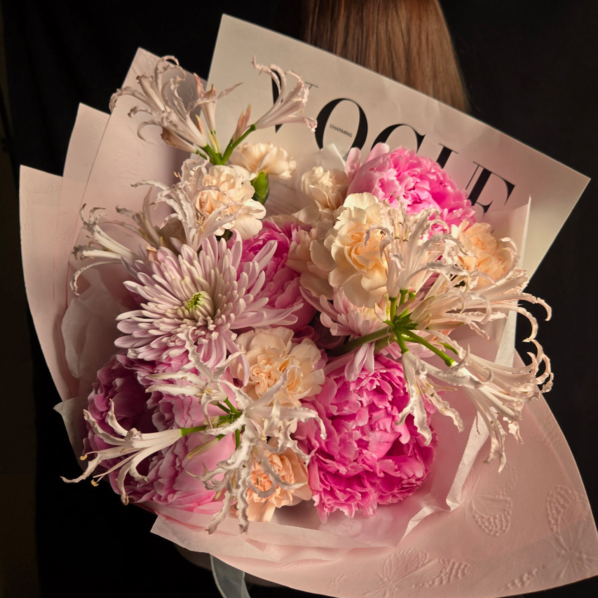 Blush Serenade – Pink Peonies, Carnations & Spider Lilies Bouquet